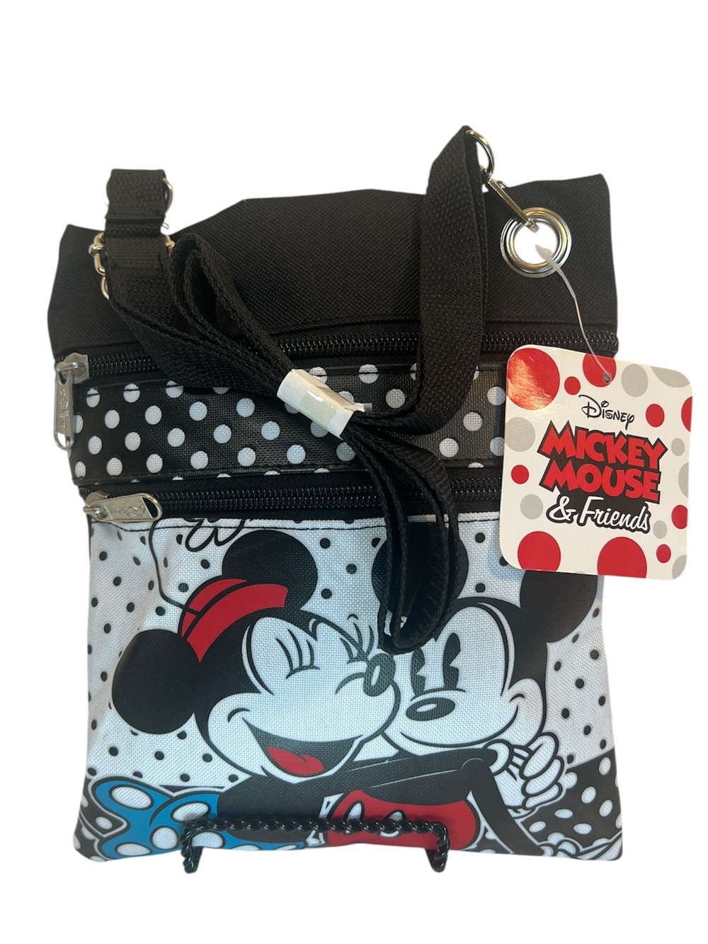 Disney Mickey & Friends Black Polka Dot Crossbody Bag Featuring Minnie & Mickey.